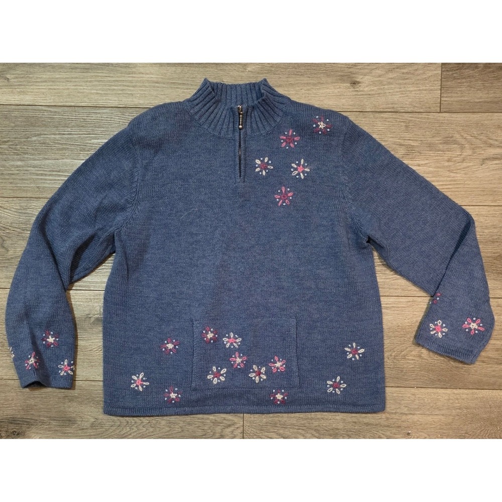 Christopher & Banks Women XL Sweater Blue Hand Embroidered Floral Quarter Zip